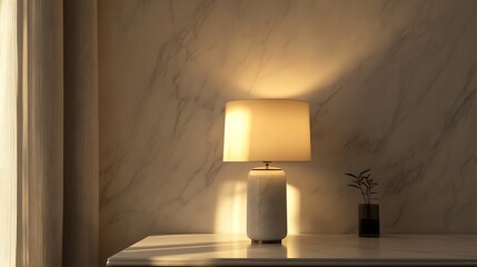 Contemporary interior decor with round glowing lamp on marble table surface in stylish living room picture