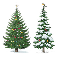 Two decorated christmas trees with snow and a robin on top of one winter