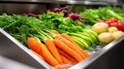 Fresh assortment of vibrant vegetables including carrots, cucumbers, and potatoes displayed in a market setting