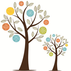 Two stylized trees with colorful fruit and patterned leaves on white background illustration citrus