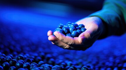 A hand holding fresh blueberries in a vibrant blue setting, with a field of berries in the background