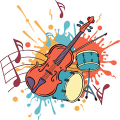 Vibrant abstract painting of a violin and drums with musical notes and paint splatters musical instruments