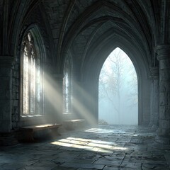 Sunlight streams into a historical stone hallway.
