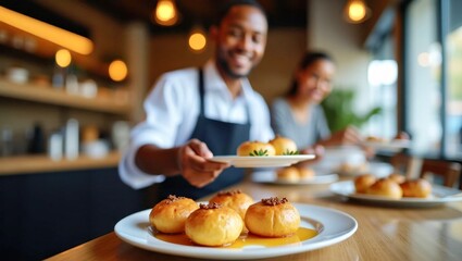 Smiling black waiter serving fresh baked bread rolls in cozy restauran