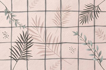 A pink tile background with a botanical pattern of leaves and branches creates a vintage, decorative texture for artistic designs