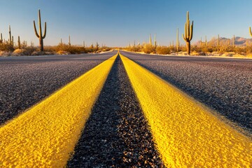 Yellow highway lines stretching into the desert.