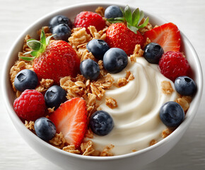 smooth yogurt swirl topped with granola and fresh berries, clean overhead view, white background, morning snack style