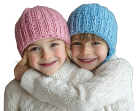 PNG A boy with knitted pink hat hugging a boy with blue knitted hat sweaters hats background.