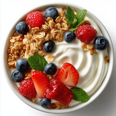 smooth yogurt swirl topped with granola and fresh berries, clean overhead view, white background, morning snack style