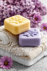 Stacked towels and soaps with floral designs.