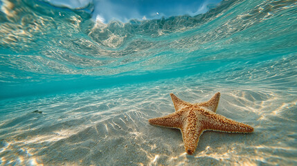 Starfish resting on sandy ocean floor, surrounded by clear turquoise water, with gentle waves creating a serene underwater atmosphere, showcasing marine life beauty