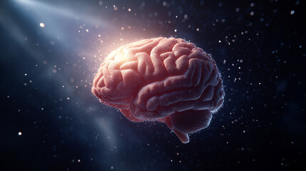 Human brain illuminated in a cosmic environment, showcasing intricate details and textures, surrounded by sparkling particles, representing intelligence and creativity in a surreal atmosphere