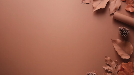Autumn-themed flat lay composition featuring dried leaves, pinecones, and a rolled paper on a warm, earthy background, creating a cozy and inviting atmosphere for seasonal design projects