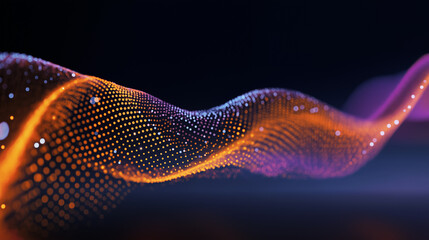 Abstract digital wave illustration with vibrant orange and purple dots flowing smoothly against a dark background, representing sound waves and dynamic energy in a modern design concept