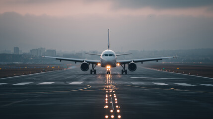 Airplane on runway with landing lights illuminated, surrounded by a cloudy sky, showcasing aviation technology and the excitement of air travel in a dynamic environment