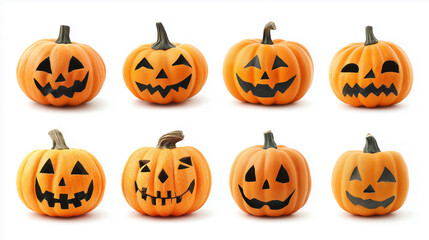 Collection of eight vibrant Halloween pumpkins with various carved faces, showcasing unique expressions and designs, perfect for festive decorations and seasonal celebrations