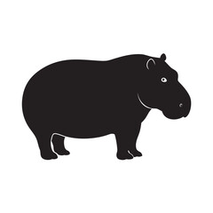 A Stylized Black Silhouette of a Hippopotamus Standing Still on a White Background