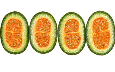 Explore the exotic taste of sliced sweet granadilla on a white background