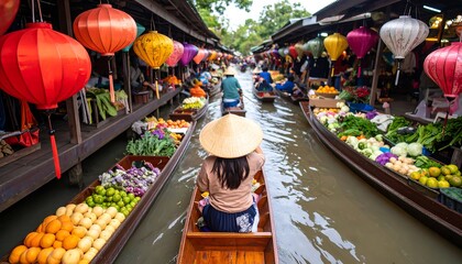 Fototapeta premium Canal market bustling with activity