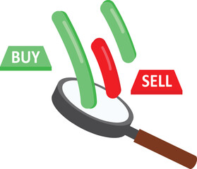 Asset risk management concept. Investment portfolio adjustments. Buying and selling stocks, mutual funds, bonds, and cryptocurrencies. Investor analysts holding buy or sell assets. Flat illustration.
