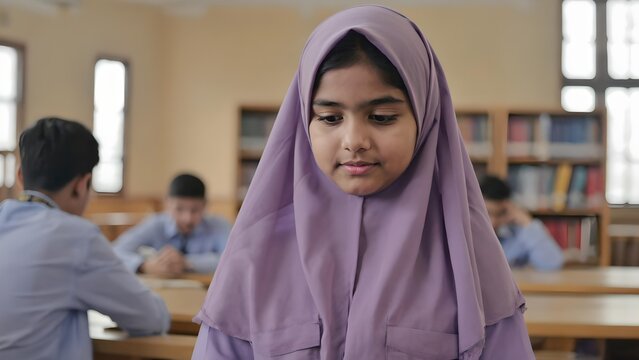 Muslim girl wearing a purple hijab in school library, thoughtful and focused student portrait in academic setting, Islamic education, cultural diversity in learning environments