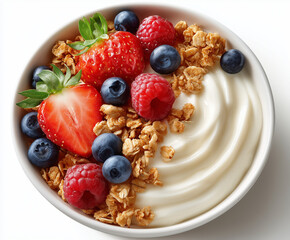smooth yogurt swirl topped with granola and fresh berries, clean overhead view, white background, morning snack style