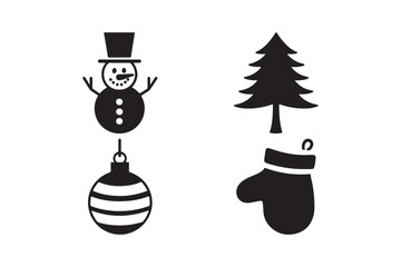 Naklejka premium Christmas icons black and white snowman tree ornament mitten
