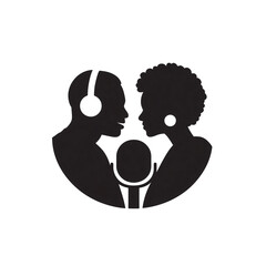 Fototapeta premium Silhouette of two people recording a podcast with microphone and headphones