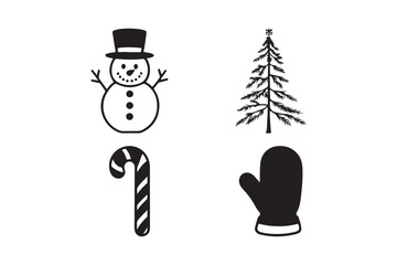 Hand drawn christmas icons snowman tree candy cane mitten