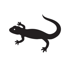 A Simple Black Silhouette of a Lizard with a Curled Tail and Four Legs on a White Background