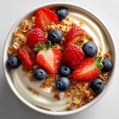 smooth yogurt swirl topped with granola and fresh berries, clean overhead view, white background, morning snack style