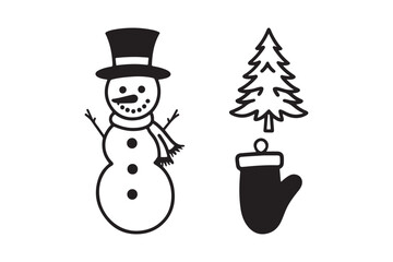 Hand drawn christmas snowman tree and mitten illustration
