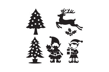 Christmas silhouette icons featuring a reindeer elves and trees