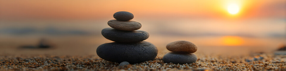 Stones stacked on a beach at sunset creating a zen like atmosphere with a warm orange glow