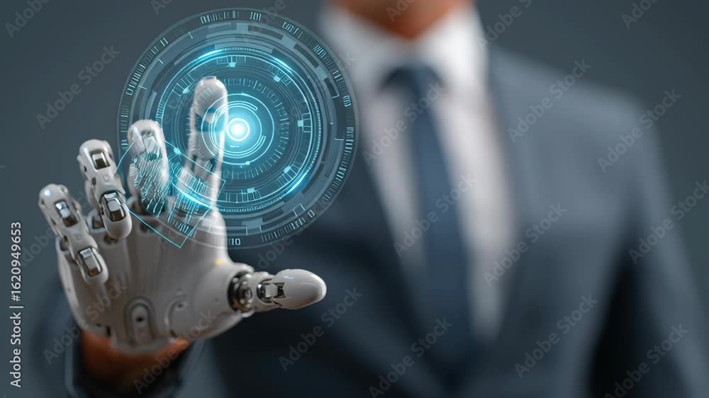 Poster futuristic businessman showcases innovation and technology through robotic hand interaction with dig