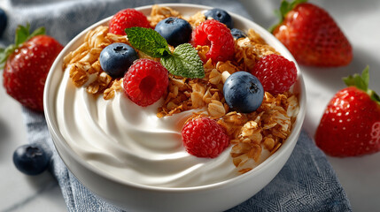 smooth yogurt swirl topped with granola and fresh berries, clean overhead view, white background, morning snack style
