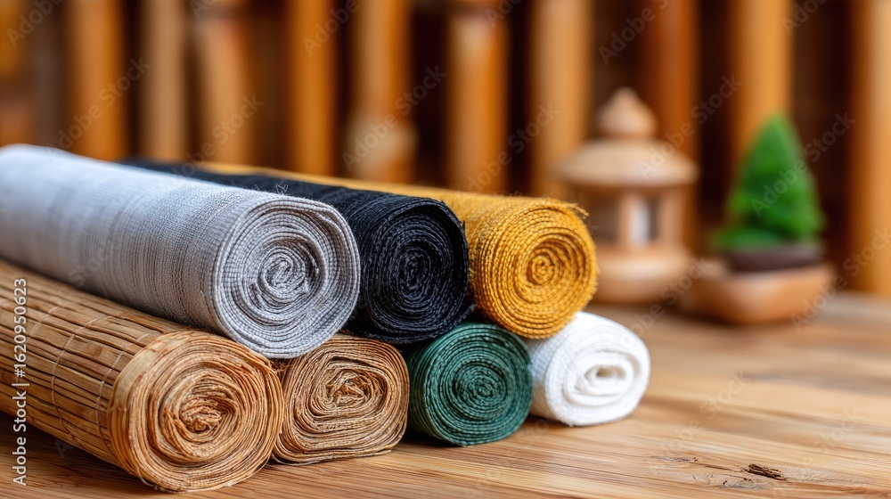 Poster colorful rolls of rattan and wicker fabric are neatly displayed on a table, showcasing various shade