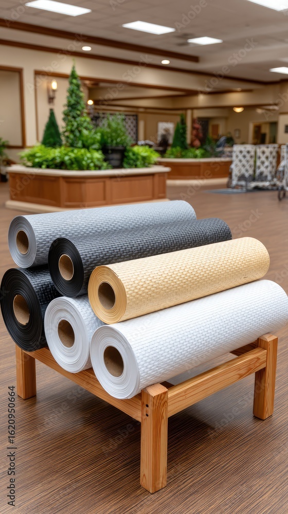 Poster colorful rolls of rattan and wicker fabric are neatly displayed on a table, showcasing various shade