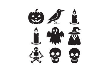 Collection of halloween icons featuring pumpkin ghost crow skulls and candles