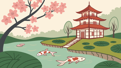 A picturesque scene of a traditional asian garden with koi fish swimming in a pond, cherry blossoms blooming, and a pagoda in the background, creating a peaceful atmosphere