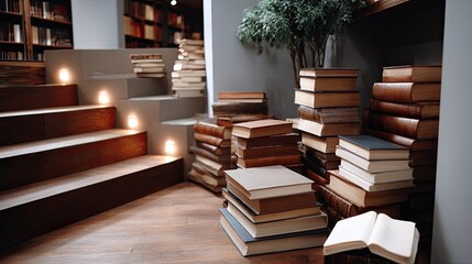 Obraz premium Wander through a captivating bookshop where warm torchlight mingles with the essence of adventure among towering bookshelves