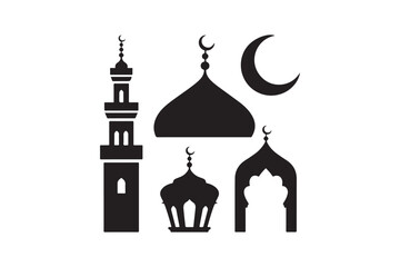 Islamic architecture silhouettes of mosque minaret domes and crescent moon