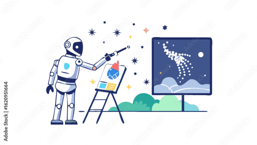 Poster a robot artist painting a cosmic scene on a canvas, showcasing the intersection of artificial intell