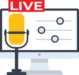 Online podcasting concept, Listening to a podcast with a microphone. Recording a podcast, single icon. Podcast audio. Online radio show. Flat design illustration on background.

