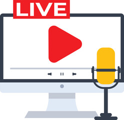 Online podcasting concept, Listening to a podcast with a microphone. Recording a podcast, single icon. Podcast audio. Online radio show. Flat design illustration on background.


