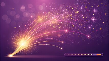 Spark explosion with stars and light trail on purple background with loading bar