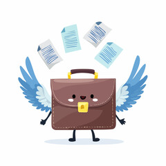 A Briefcase's Soaring Ambition: A cartoon briefcase with angel wings and floating documents, illustrating the concept of productivity, success, and achievement in a whimsical manner.