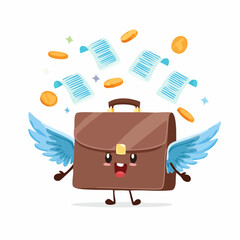 The Flying Briefcase: An animated briefcase, complete with cute wings and joyful expression, radiates prosperity and financial empowerment. Coins and documents hover around.