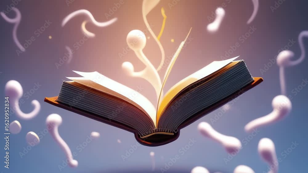Poster an illuminated open book with abstract floating shapes and dreamlike visuals