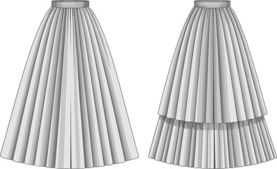 Long pleated skirt fashion flat with single and layered designs, technical illustration for women’s formal and casual skirt styles